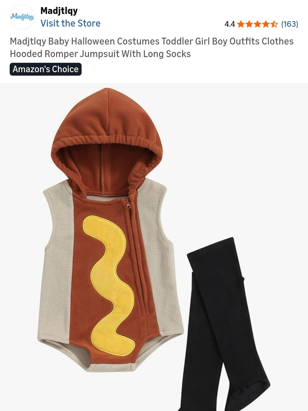 Baby Hot Dog Romper Costume with Hooded Top and Black Leggings - Brown & Yellow